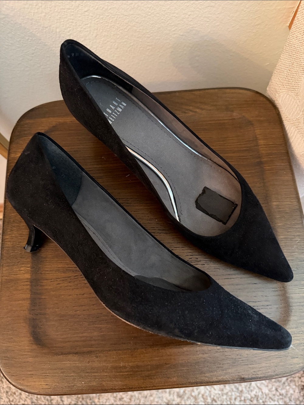 Stuart Weitzman Black Suede Pointed Toe Kitten Heels